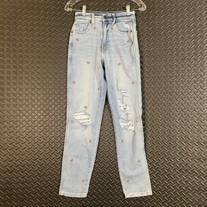 Arizona Jean Co. Mushroom Embroidered Distressed Mom Jeans Women's Size 0‎